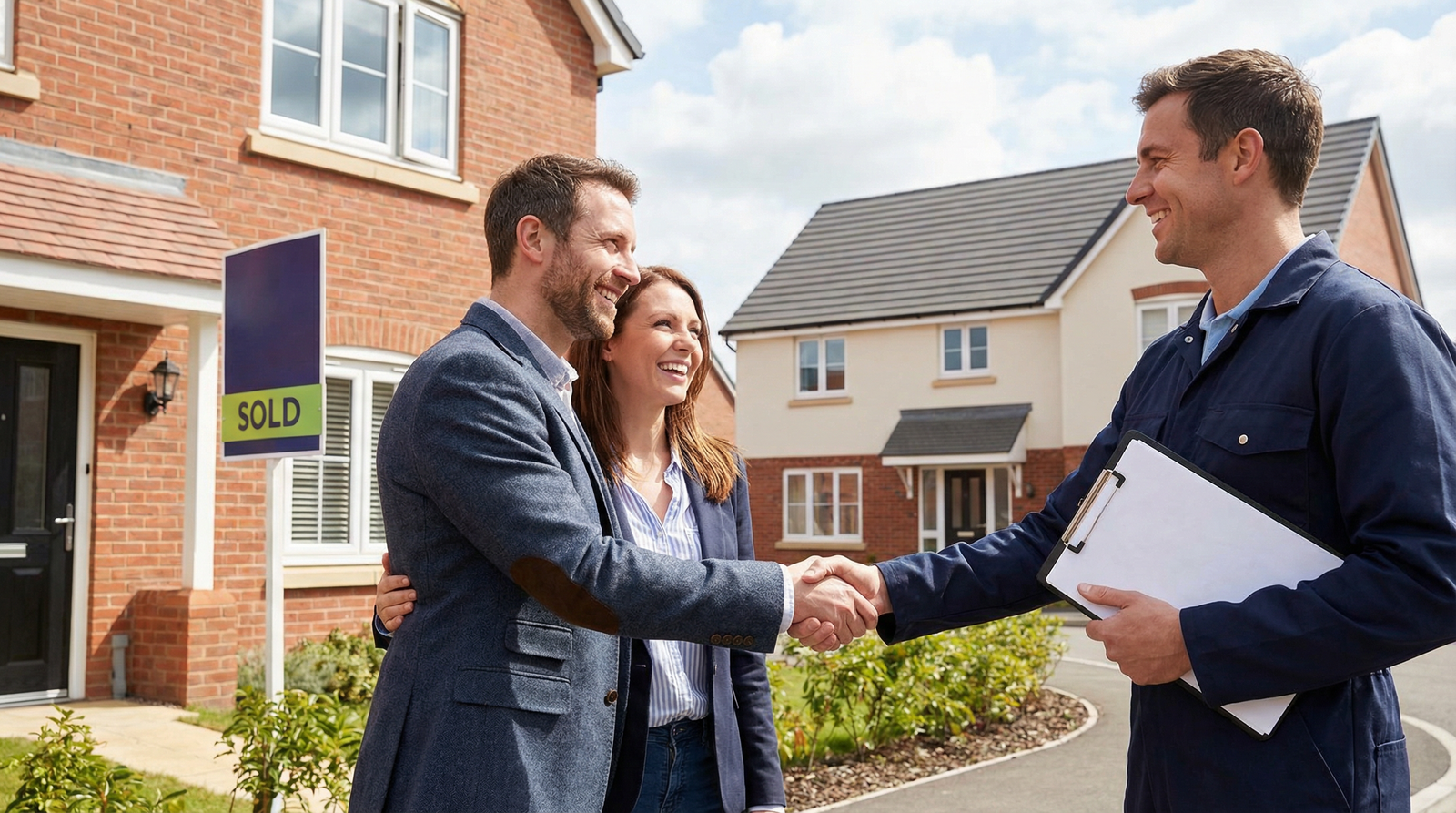Happy clients with professional surveyor completing property transaction