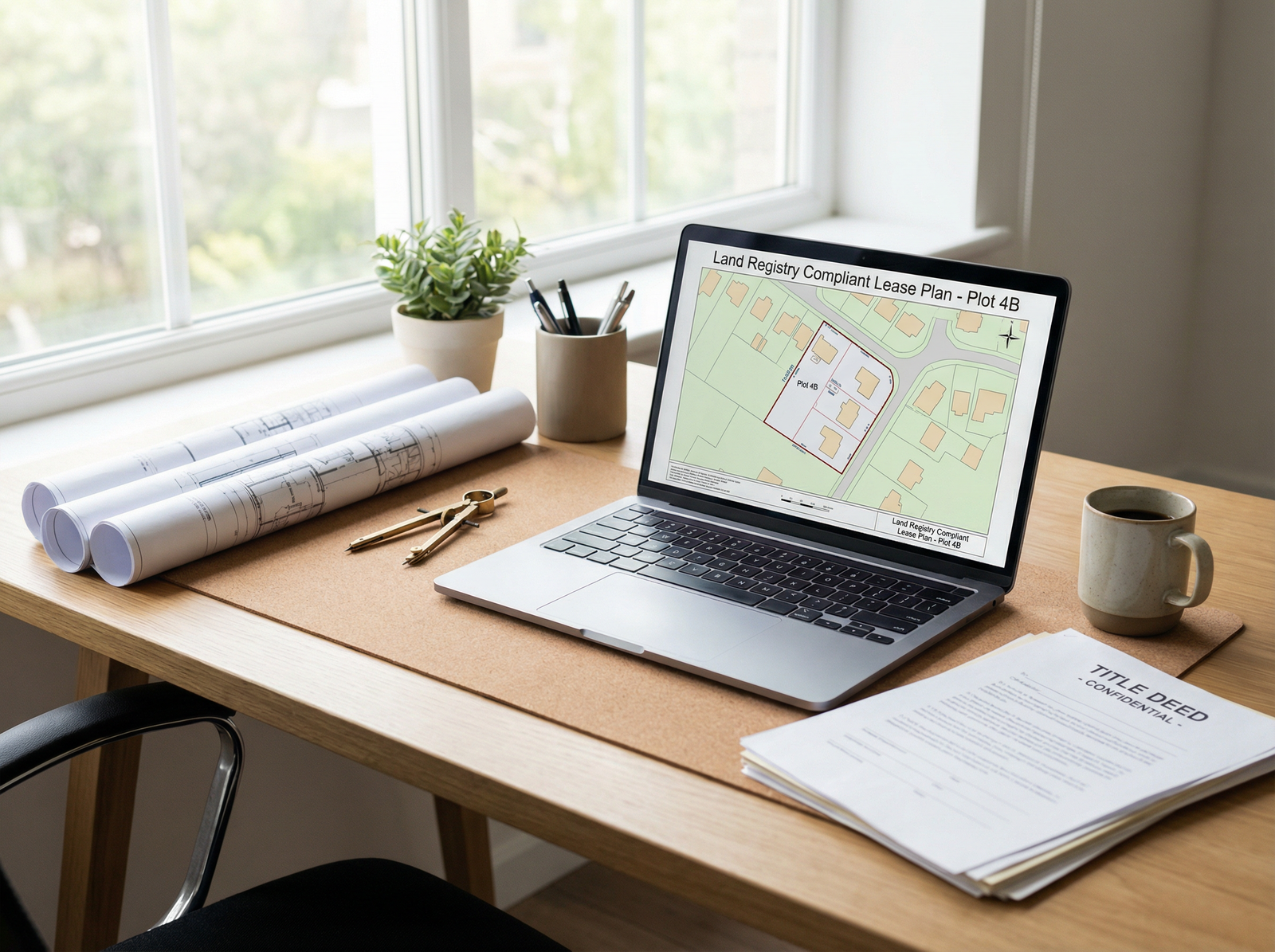 Professional surveyor workspace with lease plan drawings and documents